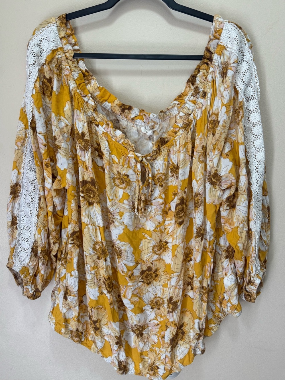 Maurices Off-Shoulder Yellow Floral Blouse with Lace Trim